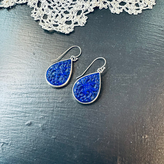 Sterling Silver Carved Lapis Earrings