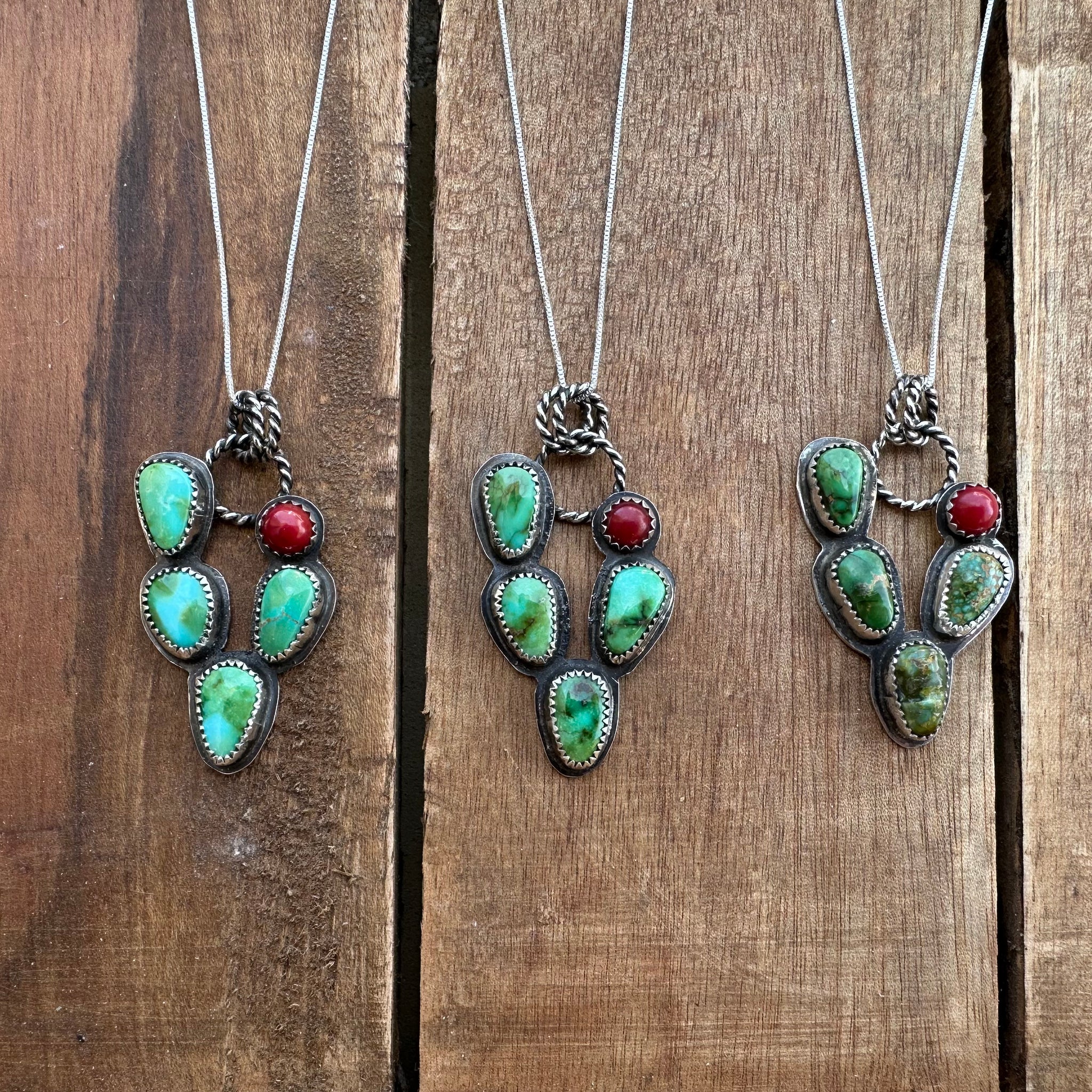 Prickly Pear Cactus Necklace - Sterling Silver with Emerald Valley Turquoise and Coral