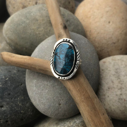 Summer Joy Silver Blue Moon Turquoise Hand Stamped Sterling Silver Ring Size 6