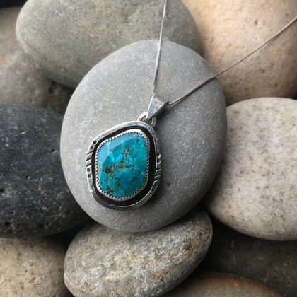 Summer Joy Silver Custom Turquoise Mountain Hand-Stamped Sterling Silver Pendant