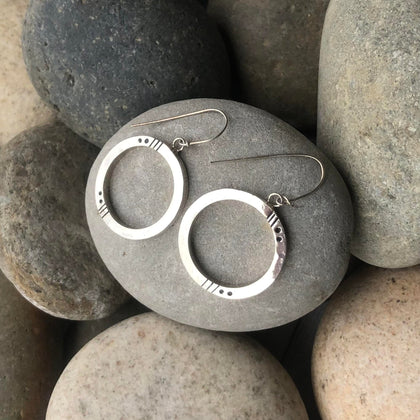 Summer Joy Silver Earrings Handstamped Dangle Hoops - Free Spirit Collection