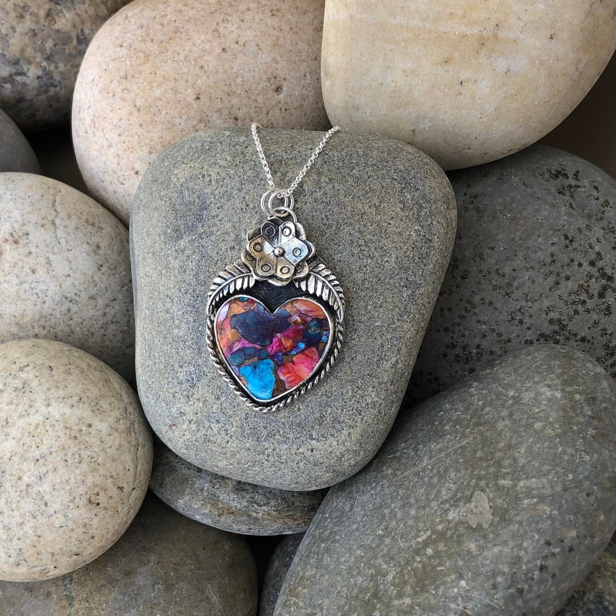 Floral Statement Heart Pendant - Sterling Silver and Kingman
