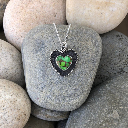 Summer Joy Silver Necklace Sterling Silver and Kingman Mohave Green Heart Necklace