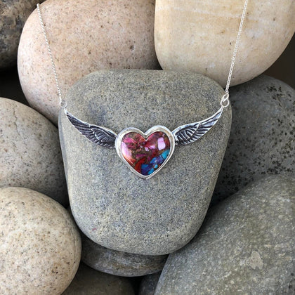 Summer Joy Silver Necklace Sterling Silver and Winged Heart Kingman Necklace